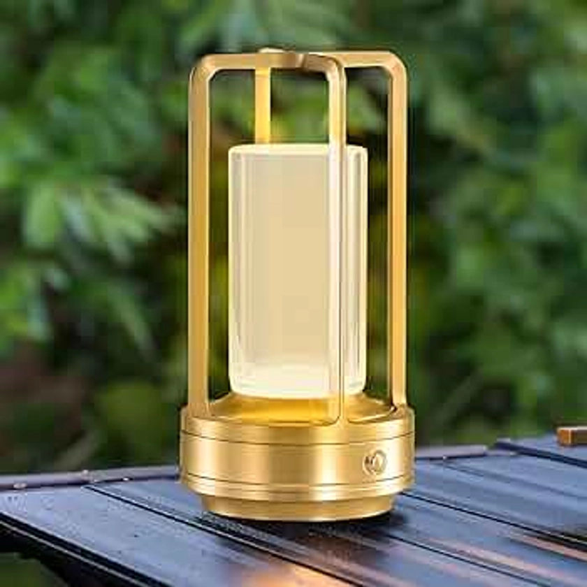 Cordless Table Lamp, 4000mA Battery Operated Lamps for Home Decor,3 Colors Crystal Lantern Lamp, 3-Levels Brightness LED Lights for Living Room/Bedroom/Tabletop/Bar/Café/Camping(Gold)