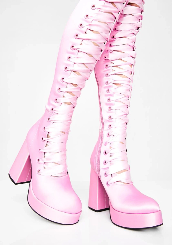 Sugar Thrillz Pink Ribbon Lace-Up Thigh High Boots