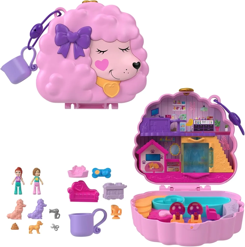 Polly Pocket Coffret Toilettage Caniche avec 2 Figurines, 12 Accessoires, 2 Accessoires Qui Changent De Couleur, Jeu D’Eau, Jouet Enfant, Dès 3 Ans, HKV35