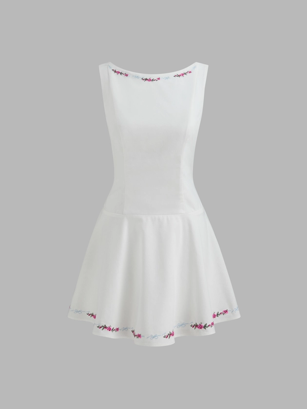 Woven Cotton Linen Boat Neck Floral Embroidery Backless Ruffle Mini Dress For Vacation Holiday