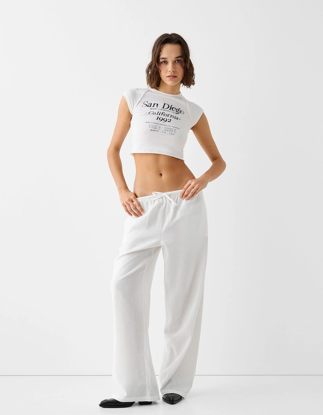 Pantalon straight lin mélangé taille élastique - Pantalons - Femme