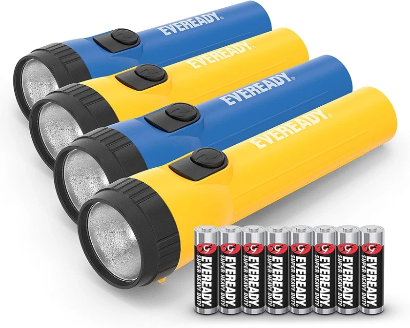 EVEREADY LED Flashlights (4-Pack), Bright Flashlights for Emergencies and Camping Gear, Flash Light with AA Batteries Included, Blue/Yellow (4-Pack)