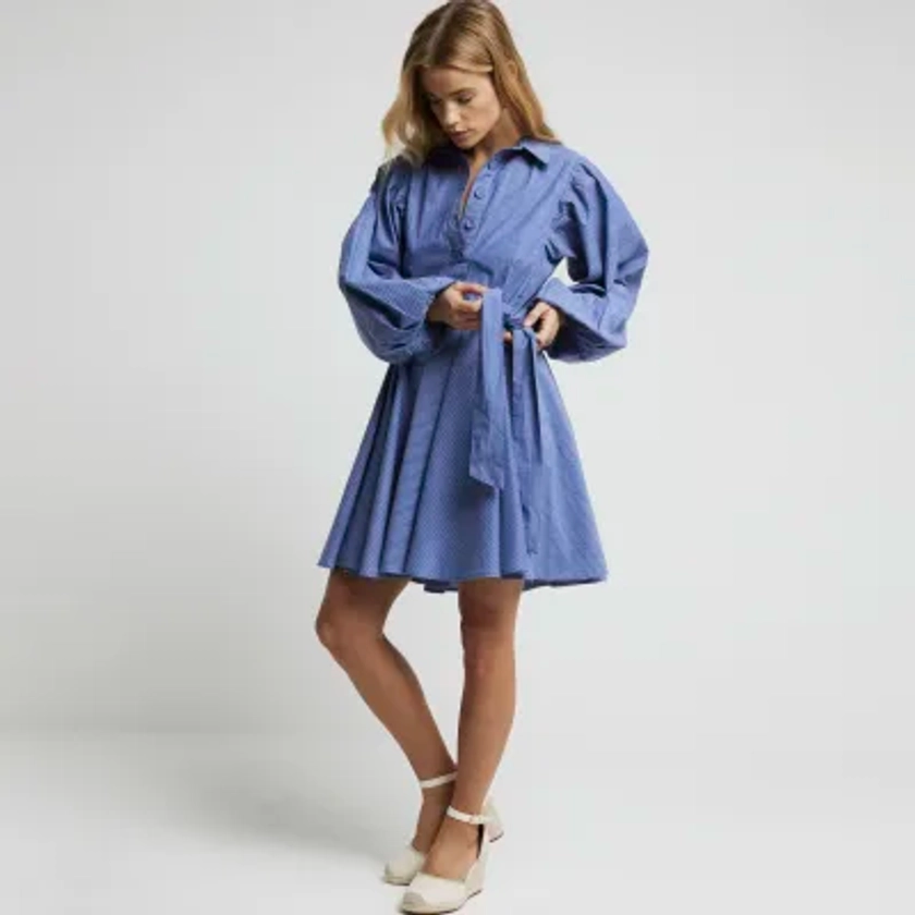 Blue stripe puff sleeve mini shirt dress