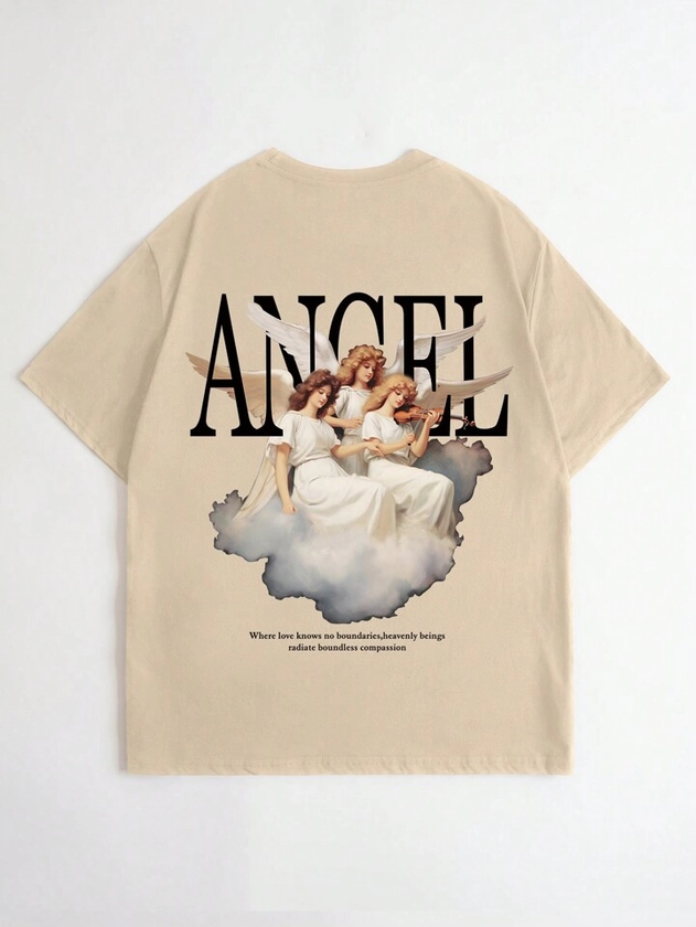 Men Slogan & Angel Print Drop Shoulder Tee