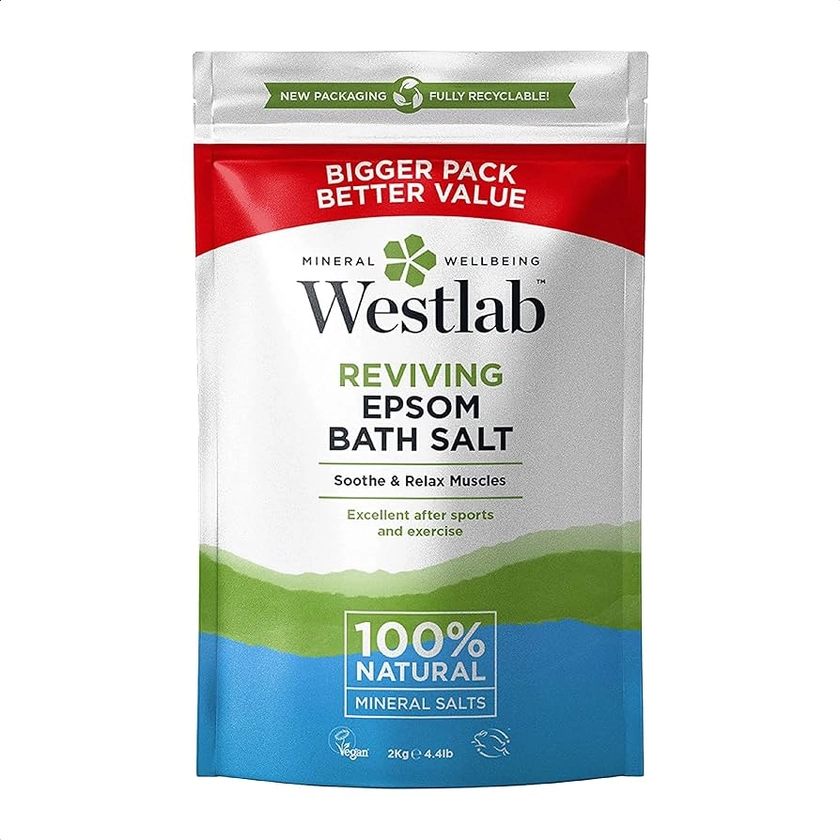 Westlab - Reviving Epsom Salt - 2kg Resealable Pouch - 100% Natural, Pure & Unscented Mineral Salts - Supports Sleep and Relieves Aching Muscles (Packing may vary). : Amazon.co.uk: Beauty