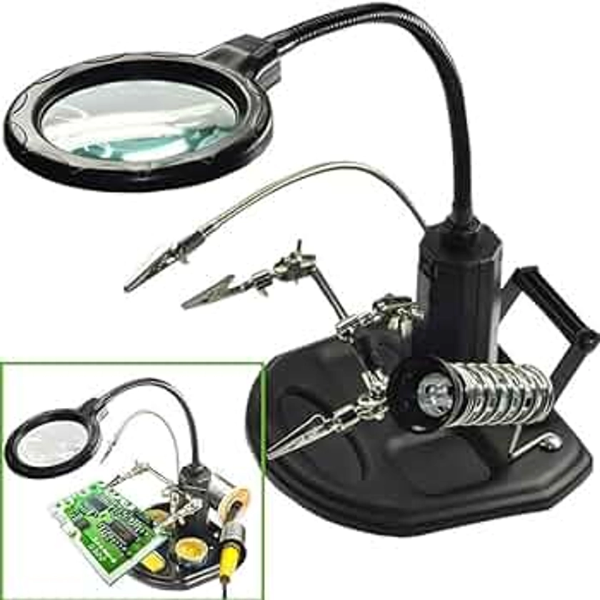 LED Light Helping Hands Magnifier Station - FEITA 2.5X/4X Lighted Heavy Base Magnifying Glass Stand with Auxiliary Clamp Alligator Clips - for Soldering, Assembly, Repair, Workshop, Hobby and Crafts