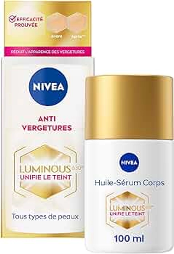 NIVEA Luminous630® Huile-Sérum Corps Anti Vergetures (1 x 100 ml), soin corps anti tache hydratation 48h réducteur de vergetures, soin femme pour tous types de peaux