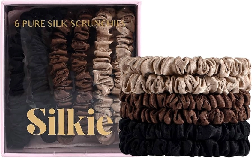 SILKIE x6 Set 100% Pure Mulberry Silk Black Brown Chocolate Pink Nude Neutral Skinny Scrunchies Travel Pouch Everyday Hair Ties Elastics Hair Care Ponytail Holder No Damage (Truffle) : Amazon.co.uk: Everything Else