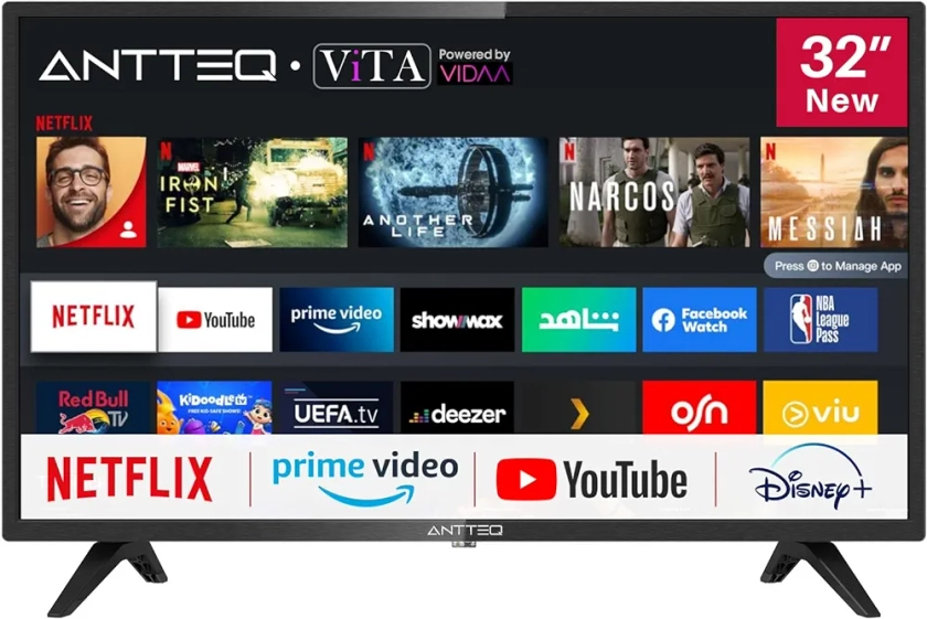 Antteq AV32 Smart TV 32 Pouces (80 cm) Téléviseur avec Netflix, Prime Video, Disney+, Youtube, Rakuten TV, WiFi, Triple-Tuner DVB-T2 / S2 / C, Dolby Audio