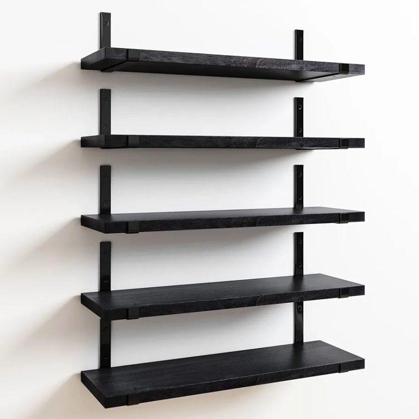 Fixwal Floating Shelves Set of 5, Width 4.7 Inches Wall Shelves, Rustic Wood Wall Storage Shelves for Bedroom, Living Room, Kitchen, Bathroom, Home Decor, Laundry Room, Office and Plants (Black)