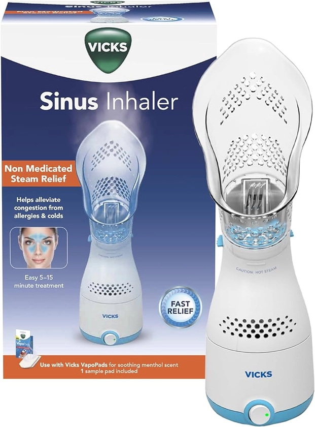 Vicks Sinus Inhaler - Personal Steam Inhaler for Sinus Relief, Allergies, Congestion, Cough & Colds, Facial Steamer and Face Humidifier, Soothes Nasal & Throat Passages, Use with VapoPads (1 Included)