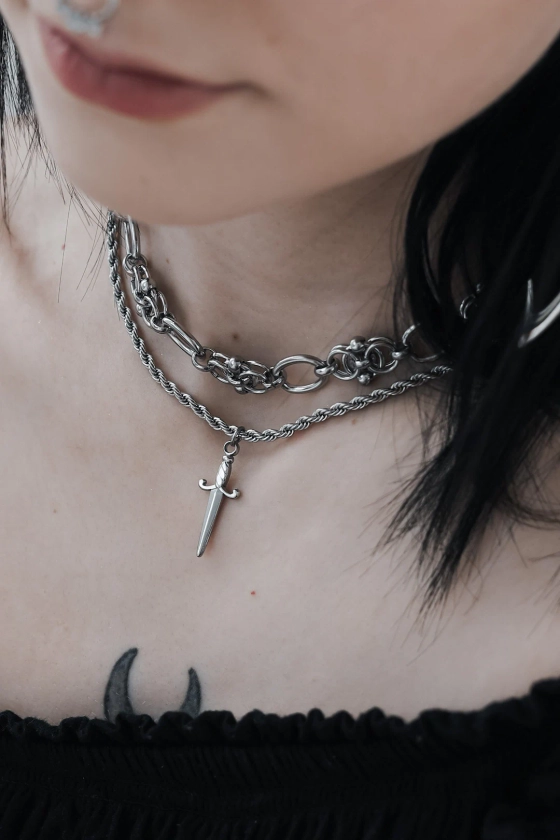 Sacrifice Choker Necklace | Stainless Steel Dagger Fantasy Alternative Silver Jewellery Aesthetic Y2K Layering Necklace Antiallergenic