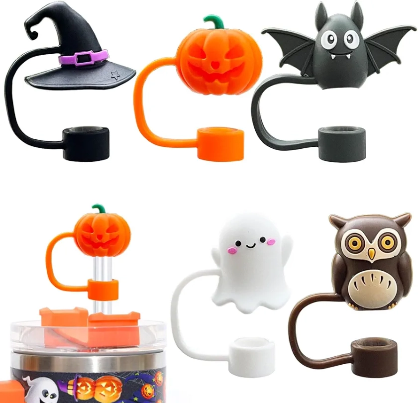 5PCS Halloween Straw Cover Cap for Stanley Cup, Silicone Straw Topper for Stanley 30&40 Oz Tumbler with Handle, 10mm 0.4in Dust-Proof Reusable Straw Tips Lids for Halloween Gifts. (Color 1)