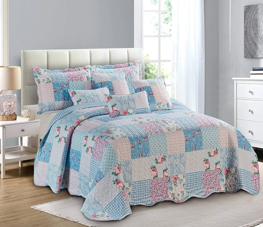 Prime Linen Quilted Patchwork Bedspread Bed Throw 3 Piece Bedding Set Includes Comforter 2 Pillow Shams (Floral Blue, King)