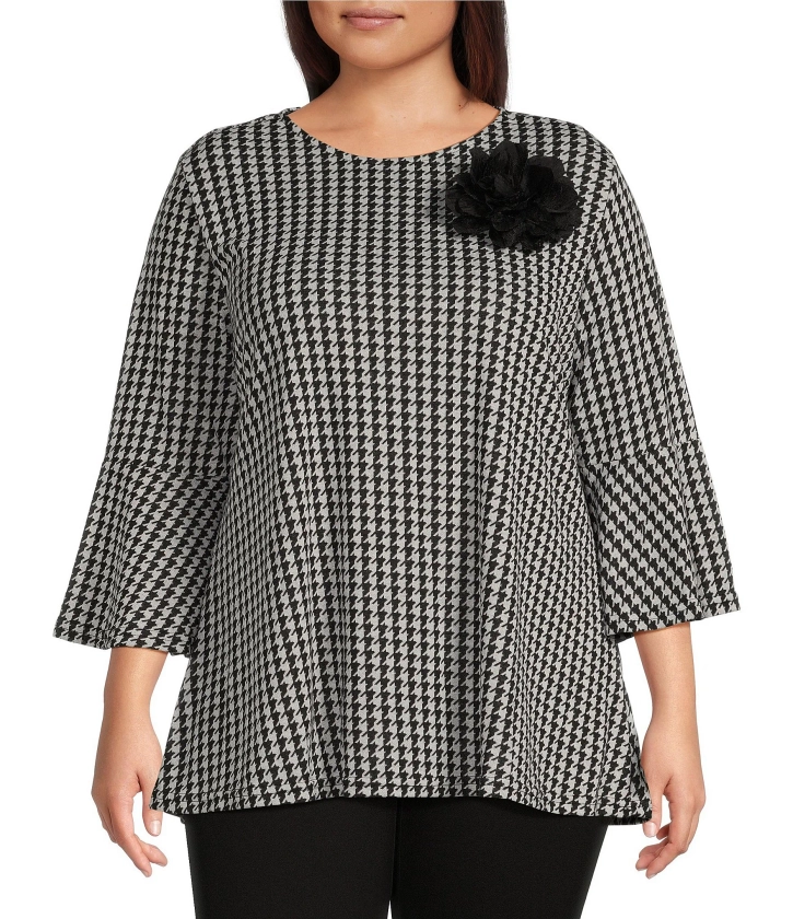 Calessa Plus Size Houndstooth Print Crew Neck 3/4 Sleeve Rosette Detail Tunic | Dillard's