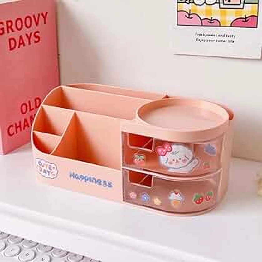 Kawaii Stationery Storage Box Makeup Organizer Hand Account Supplies Storage Box Cute Desktop Multifunctional Organizer (L,Pink)