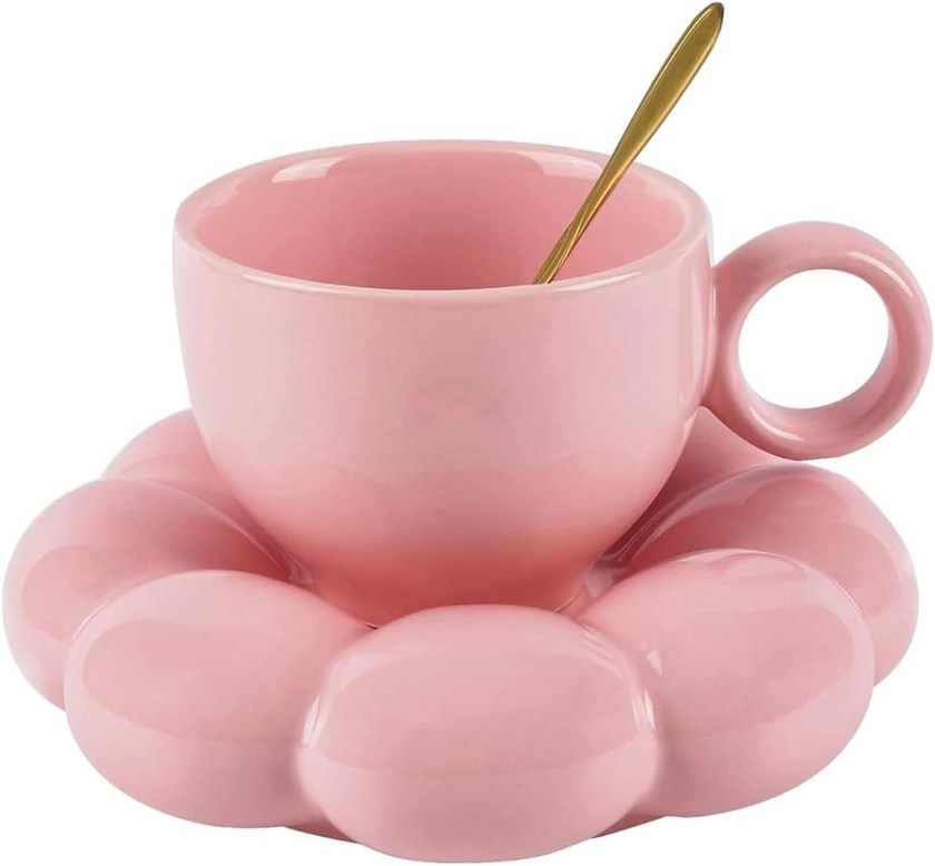 Jiotouhu Ensemble de tasses à café en céramique avec cuillère, tasse créative mignonne avec sous-verre nuage de tournesol, tasse à thé de l'après-midi, tasses à café et soucoupe(rose)