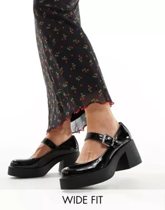 ASOS DESIGN Wide Fit Sebastian chunky mary jane heeled shoes in black patent | ASOS