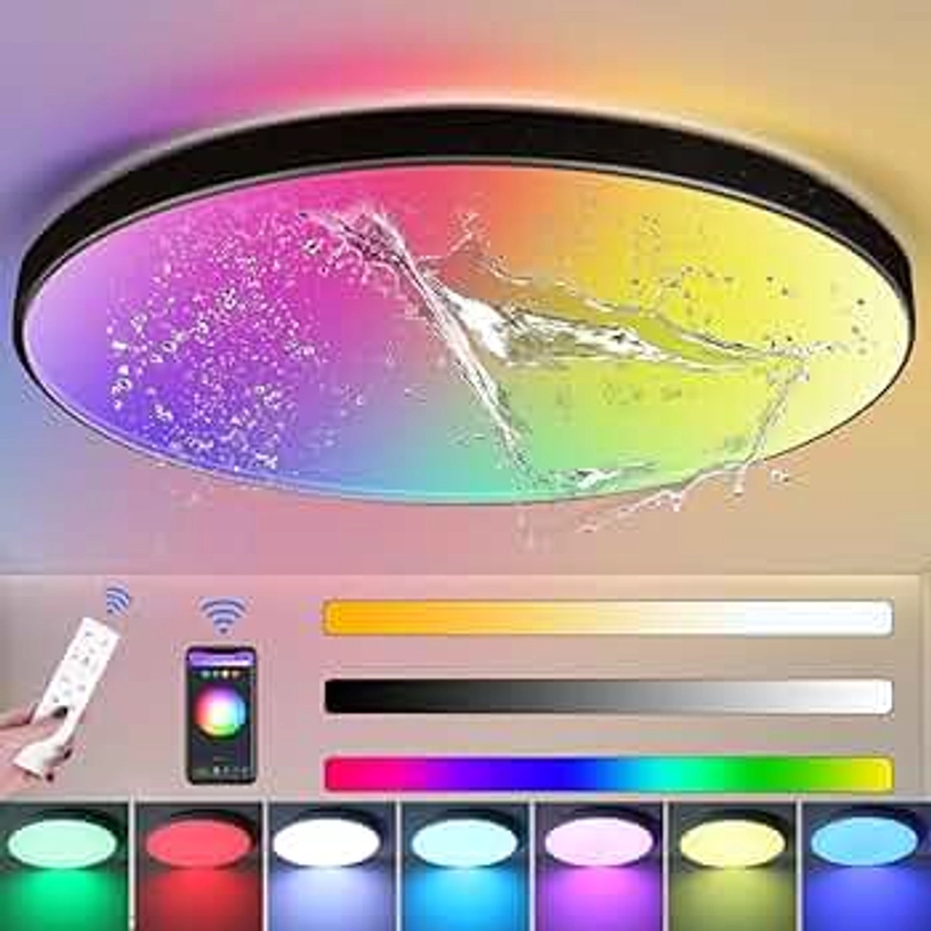 CHENBEN RGB LED Ceiling Light, 24W 12-inch Alexa Smart Ceiling Lights with Remote Control IP44 Waterproof Bathroom Lights Ceiling Dimmable 3000-6500K Colour Changing Ceiling Light for Bedroom Kitchen