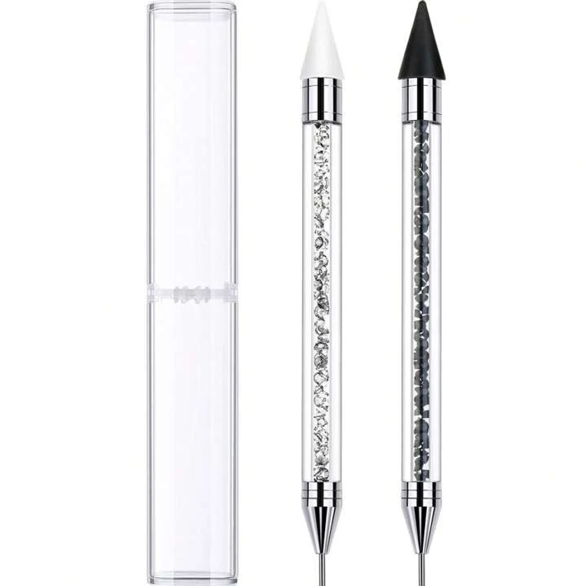 Outils de décoration de DIY pour les ongles de manucure, stylo double embout pour ramassage de pierres en strass. Stylo en cire pour le ramassage de cristaux de pierre précieuse avec poignée de perles de cristaux pour le maniement de pierre à strass (noir-blanc)