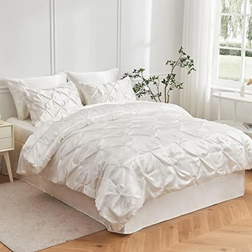 MR&HM Satin Comforter Queen 8 Pieces - Luxurious Pinch Pleat Bedding Set with Comforter, Sheets, Bed Skirt, Pillowcases & Shams, Super Silky Soft Bed Set for All Season (Queen, Ivory)