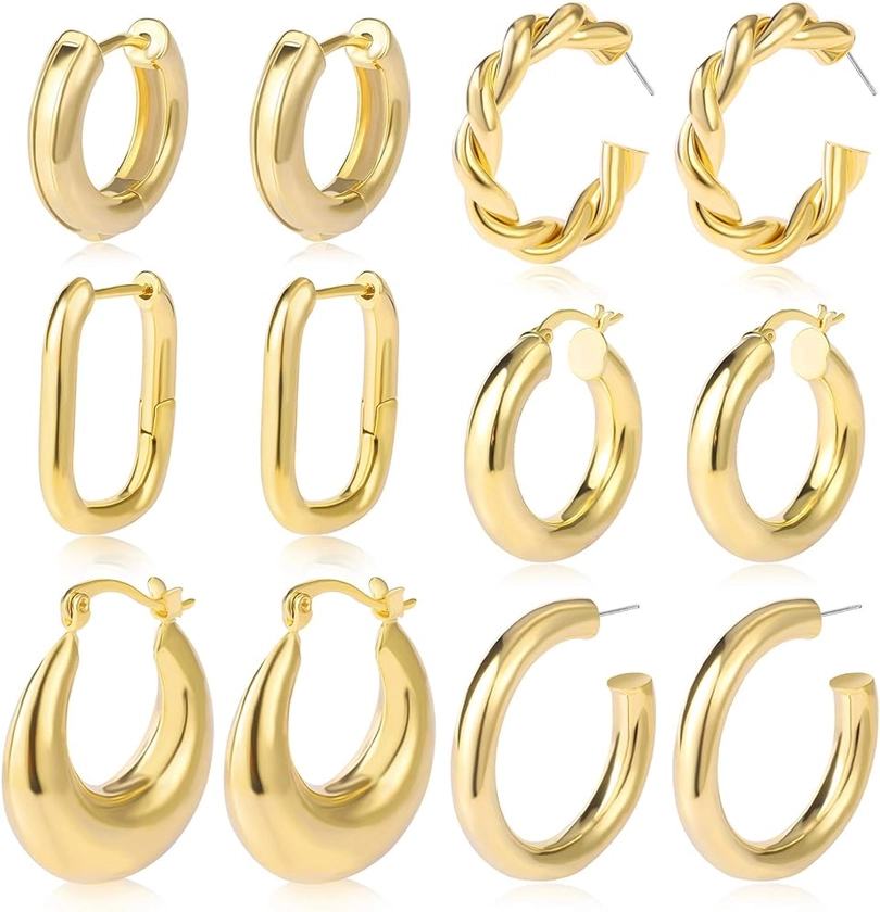 Amazon.com: 6 Pairs Chunky Gold Hoop Earrings Set for Women 14K Gold Plated Hypoallergenic Thick Open Huggie Hoop Set Jewelry for Gifts: Clothing, Shoes & Jewelry