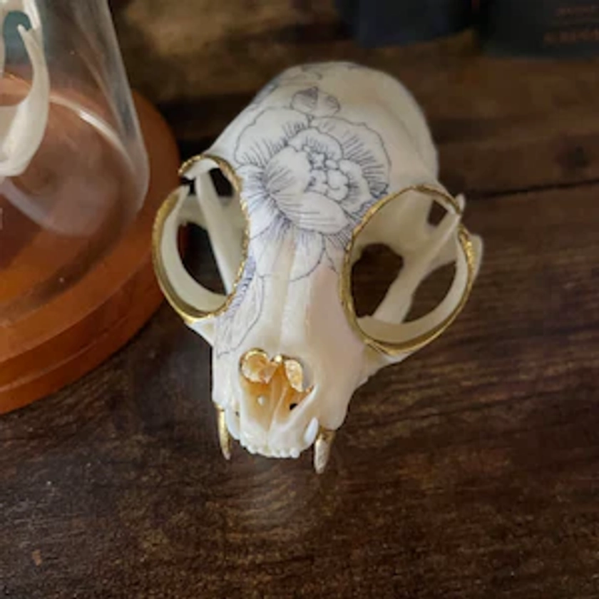 Crâne de lynx inspiré de la porcelaine - Peint à la main avec des embellissements dorés.