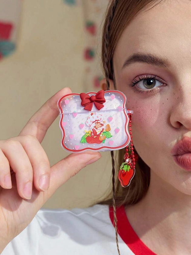 Strawberry Shortcake X SHEIN Cute Cartoon Character & Strawberry Print Contrast Bow Detail Wavy Transparent Earphone Case