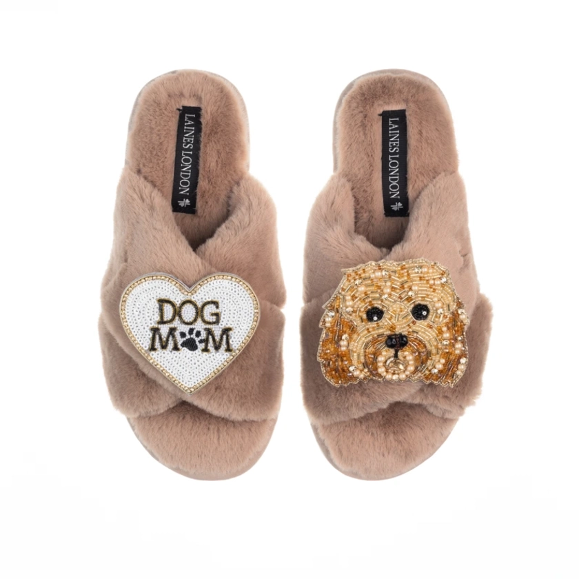 Classic Laines Slippers With Enki-Doo & Dog Mum / Mom Brooches - Toffee