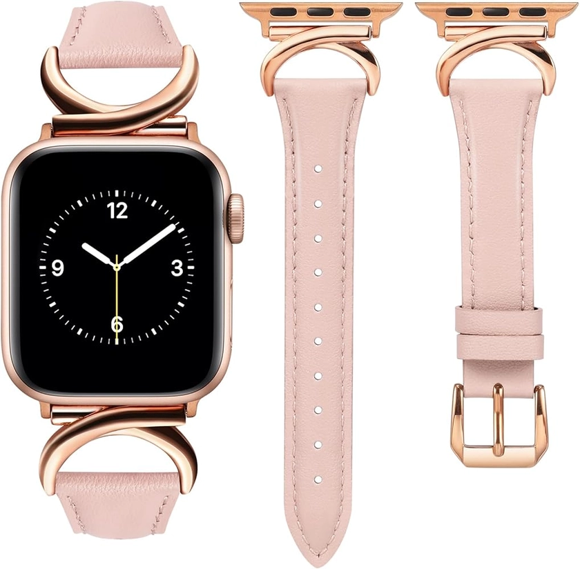 Minyee Leather Bands Compatible with Apple Watch Band 41mm 40mm 38mm 42mm 44mm 45mm 46mm 49mm Women, Slim Thin Dressy Strap with C-Shape Metal Buckle for iWatch Series 10 9 Ultra SE 8 7 6 5 4 3 2 1