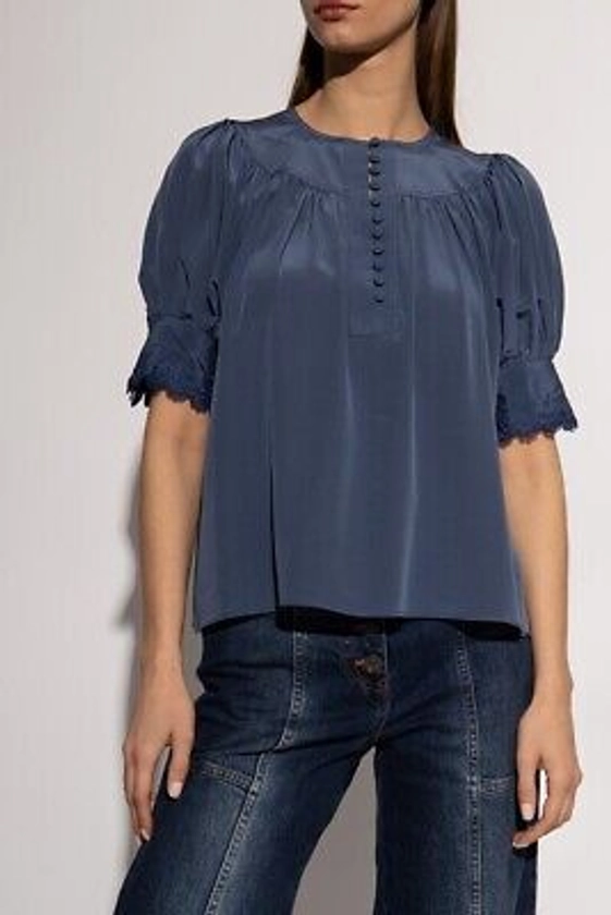 Ulla Johnson Blouse Karina Blue Washed Indigo Silk Size 4 Short Sleeve Top | eBay