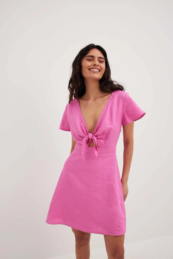 Tie Front Linen Dress Pink