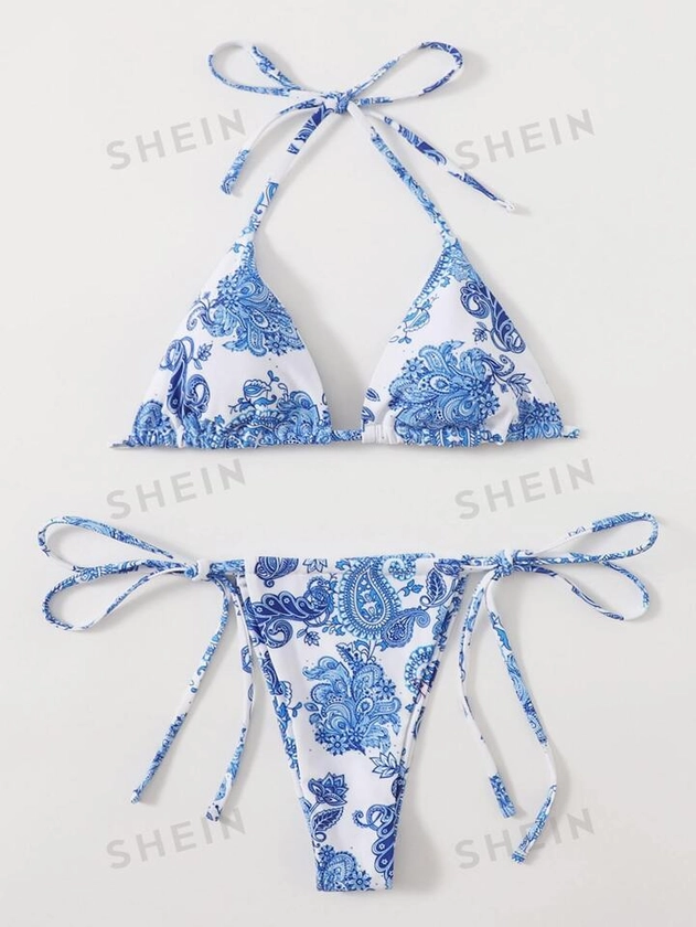 Floral & Paisley Bikini Set Triangle Halter Bra & Tie Side Thong 2 Piece Swimsuit