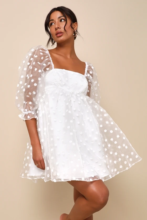 Effervescent Charm White Organza Floral Babydoll Mini Dress