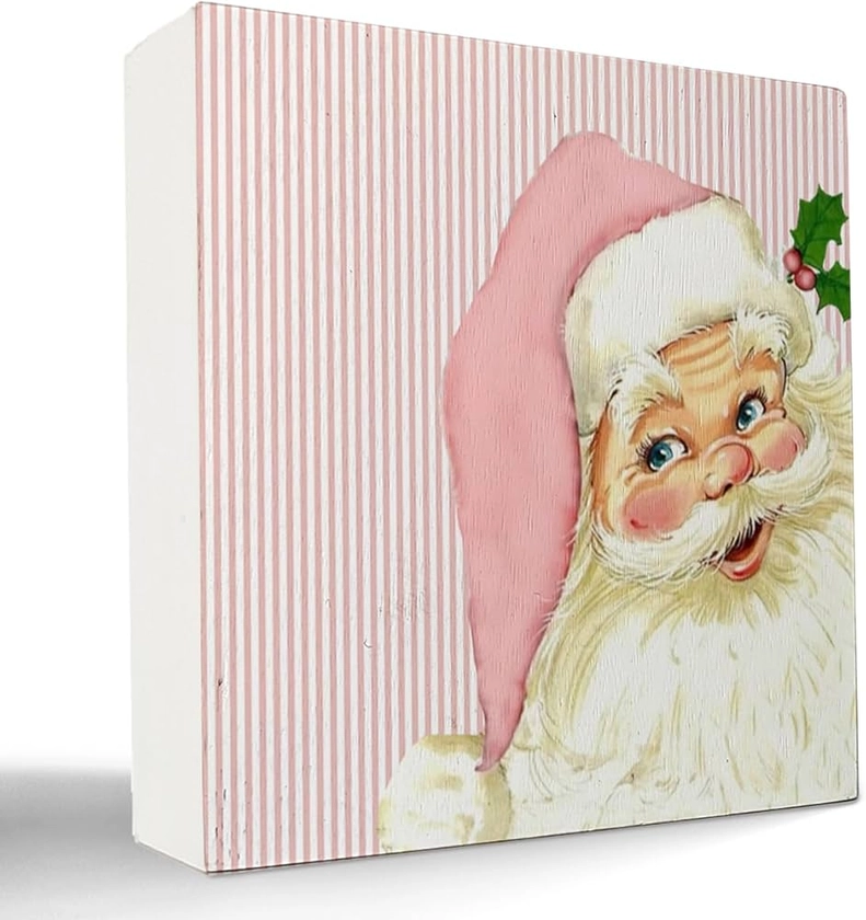 Pink Retro Santa Christmas Wooden Box Signs,Pink Christmas Sign,Santa Clause Christmas Decorations,Pink Christmas Decorations,Christmas Signs,Christmas Signs for Home Decor 5x5 Inch : Amazon.co.uk: Home & Kitchen