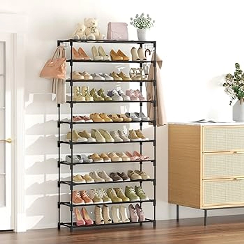 10 Tiers Shoe Rack 50 Pairs Large Capacity Tall Shoe Organizer Sturdy Shoe Storage with Two Hooks Space Saving Metal Wide Shoe Rack for Closet, Entryway, Bedroom, Black