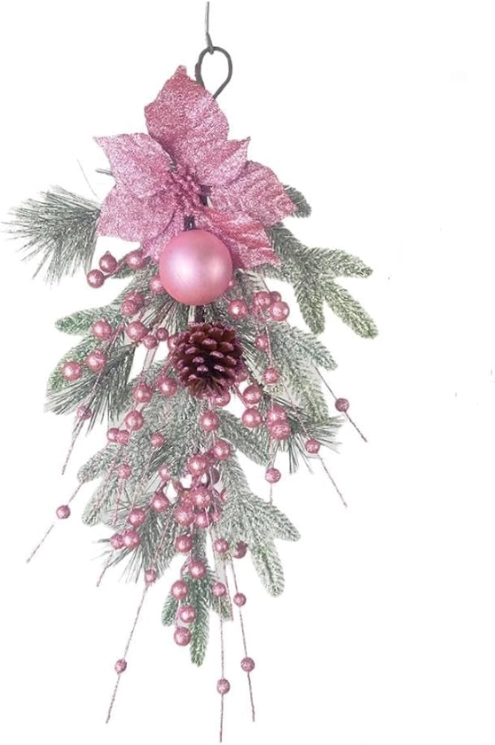 Christmas Wreath Pink Poinsettia Vine Garland Gorgeous Upside Down Teardrop Swag Artificial Rattan Ornament for Front Door Stair Mailbox Home Decor (Pink Wreath E, 55cm)