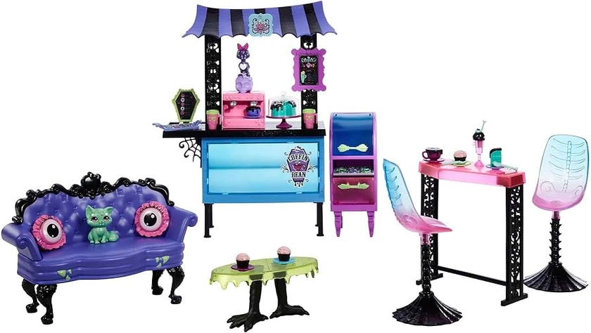 Monster HIGH Café Schwarze Seele Spielset -gruselige Möbel, Gebäck und Getränke, Theke, Geschenkset für 5 Monster High-Puppen, über 20 Einzelteile, HMV78 : Amazon.com.au: Toys & Games