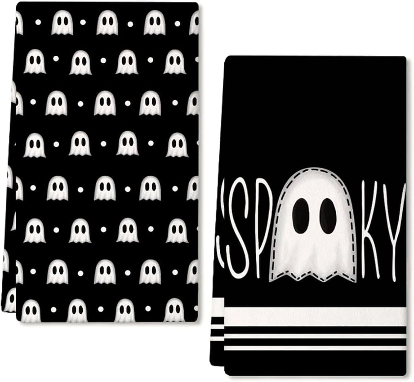 ARKENY Halloween Kitchen Dish Towels Set of 2,Black Ghost Bowknot 18x26 Inch Drying Dishcloth,Farmhouse Home Decoration AD132