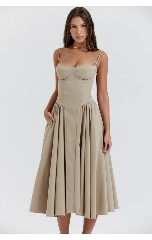 Clothing : Midi Dresses : 'Samaria' Taupe Corset Sun Dress