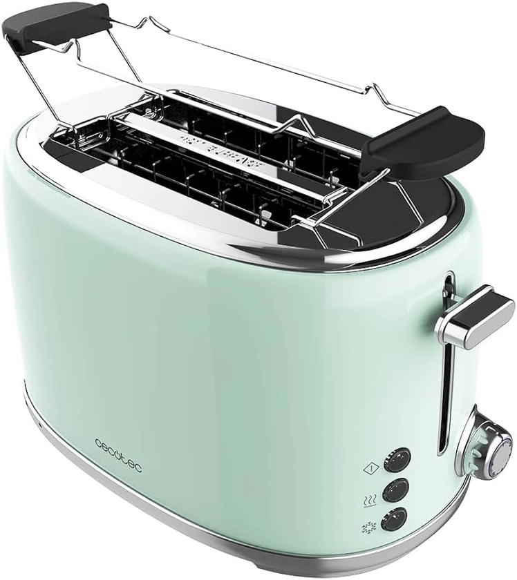 Cecotec Toast&Taste 1000 Retro Double Green 2-Slice Toaster. 980 W, 2 Wide and Short Slots of 3.8 cm, Stainless Steel, Upper Heating Rods, Adjustable Power, Crumb Tray