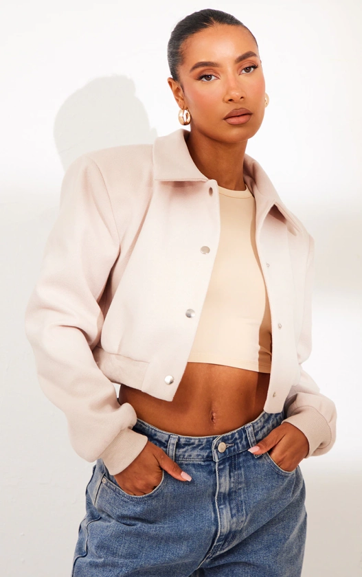 Stone Shoulder Padded Wool Cropped Bomber Jacket