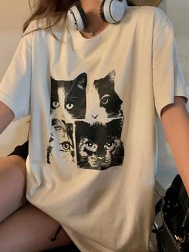 Cat Print Loose Oversized Short Sleeve Tee