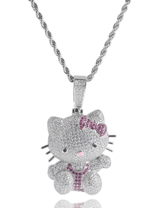 Pink Butterfly Kitty Diamond Pendant Necklace