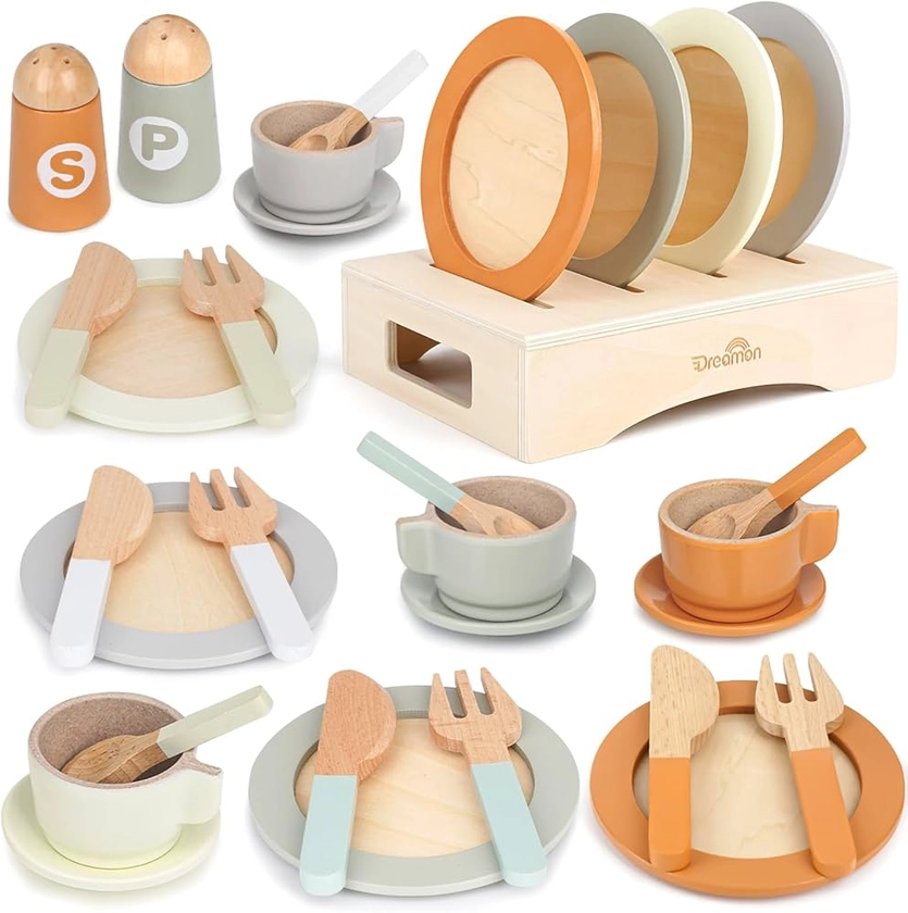 Dreamon Cuisine en Bois Enfant, Accessoire Cuisine Enfant,Service à thé en Bois Jouets en Bois Cadeau Enfant Fille Garcon 2 3 4 5 6 Ans Neutre