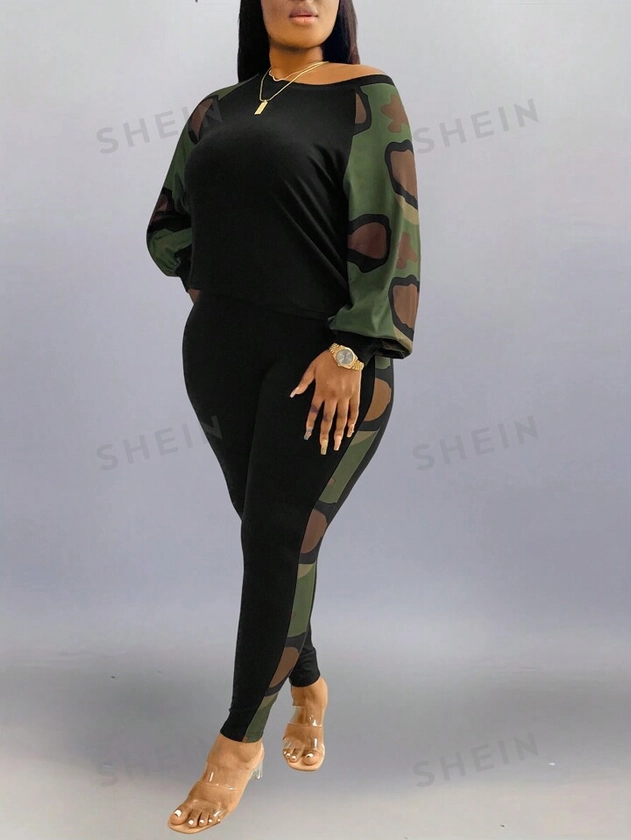 SHEIN Slayr Plus Size Camouflage Splicing Casual 2 Piece Outfit