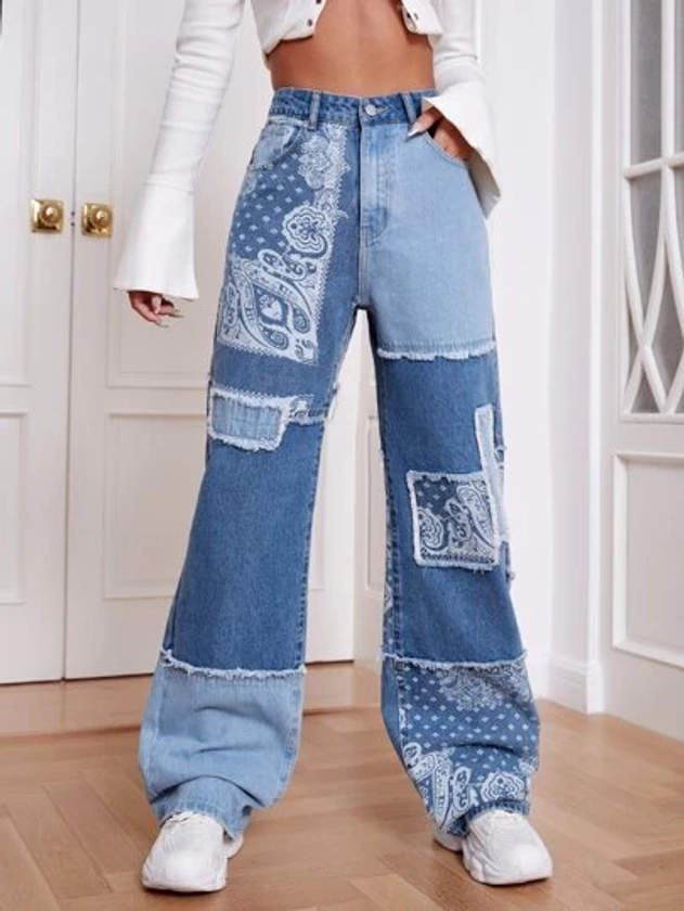 SHEIN EZwear Paisley Print Patchwork Print Boyfriend Jeans