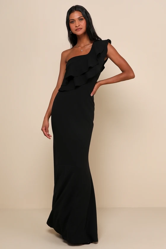 Grand Beauty Black Ruffled One-Shoulder Mermaid Maxi Dress