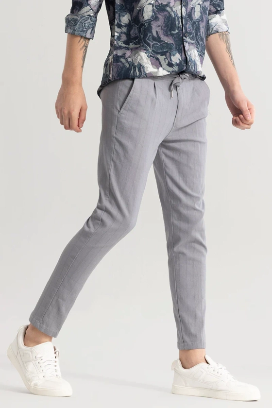 Veluxe Light Grey Checked Linen Blend Pant
