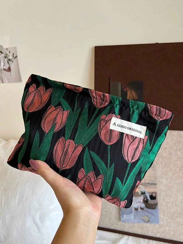 A Large Pink Tulip Creative Women's Hand-Held Makeup Bag For Going Out, Travel Bag, Seaside Storage Bag | SHEIN USA